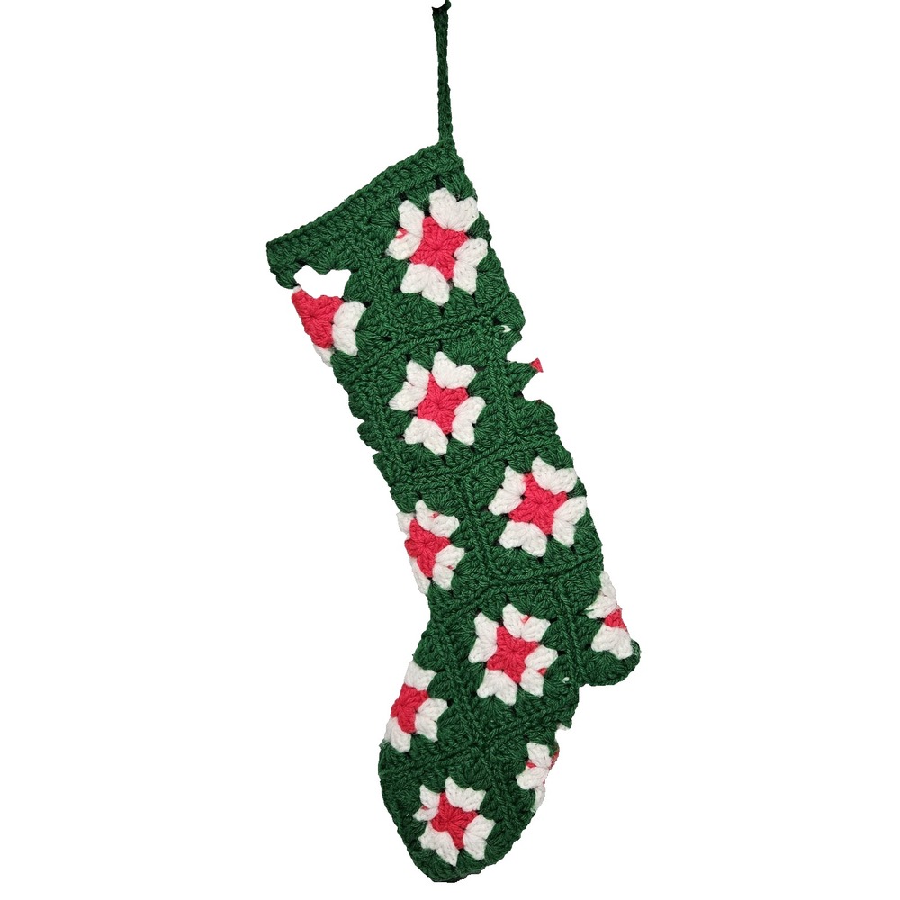 VINTAGE Granny Square Christmas Stocking Crochet Red Green White 15"